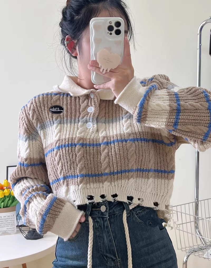 polo領條紋針織衫短款破洞毛衣女設計感小眾秋冬寬鬆慵懶風上衣