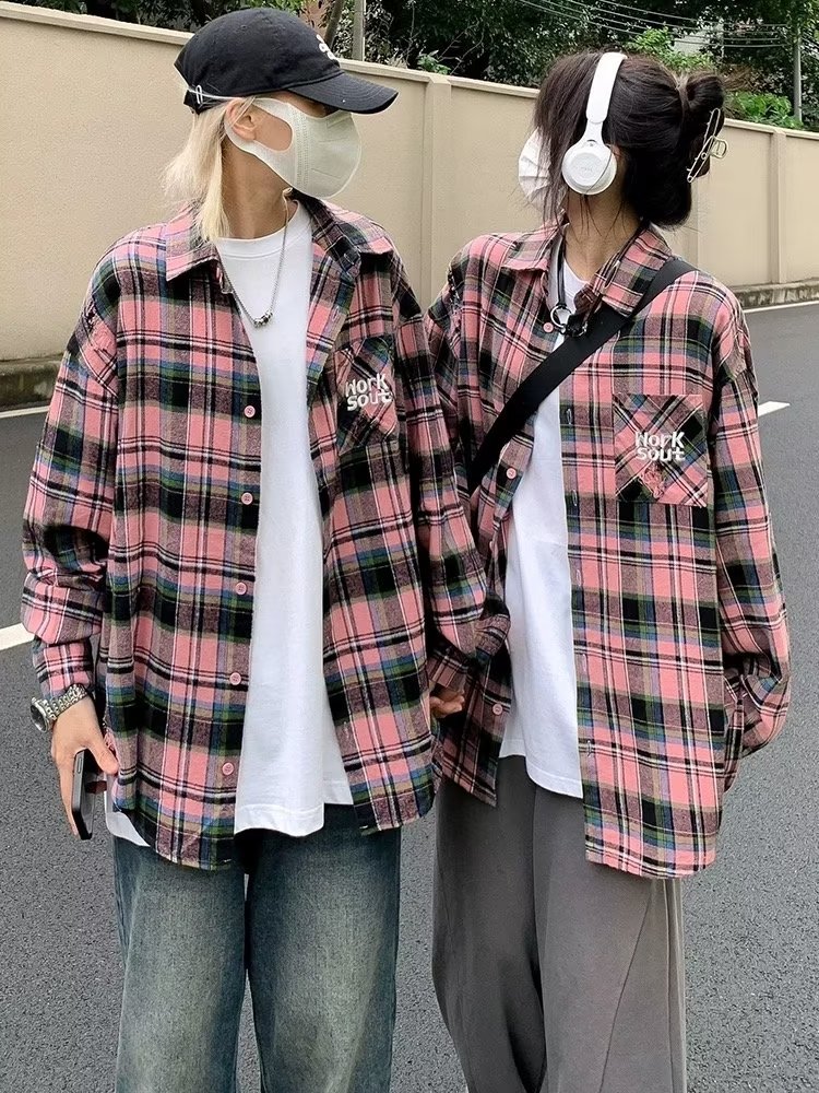 潮牌港風刺繡格子襯衫女春秋季2023新款街頭美式寬鬆痞帥休閒襯衣