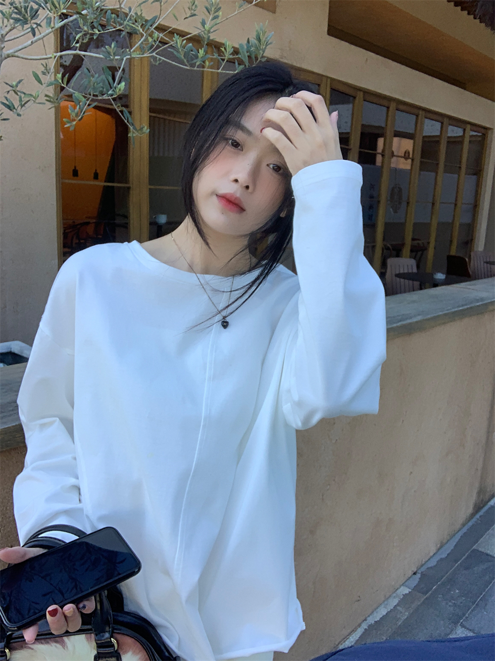 實拍秋冬百搭小白T不規則拼接內搭寬鬆舒適打底衫長袖上衣