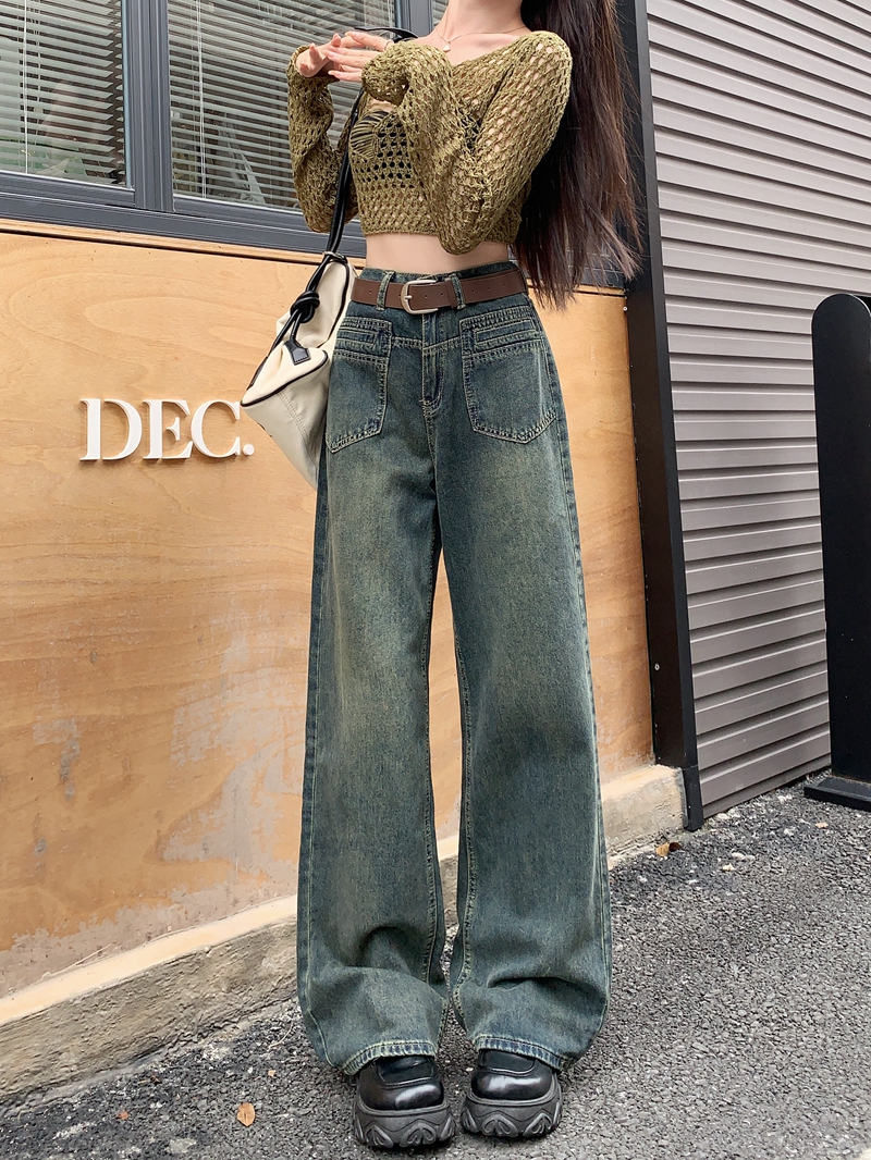 實拍#新款高腰直筒牛仔長褲女設計感假口袋拖地闊腳褲子