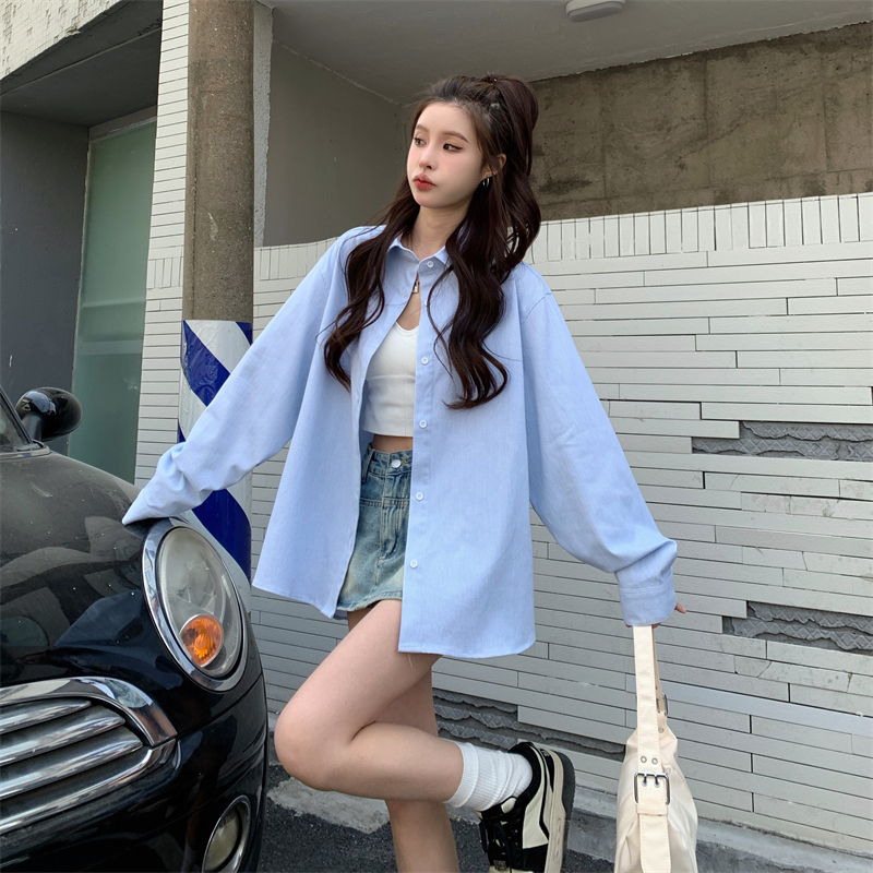 藍色條紋防曬衣襯衫女夏季港風chic別致小眾法式上衣長袖襯衣外套