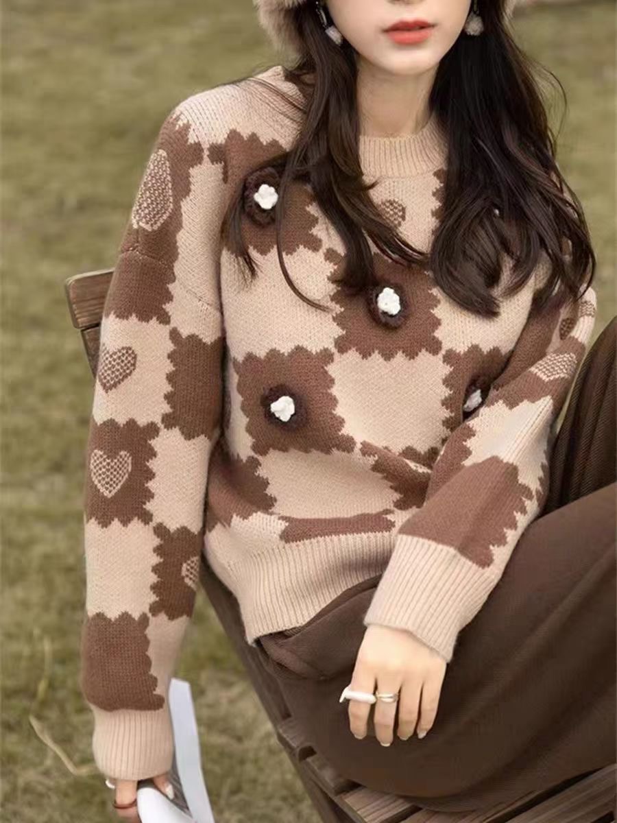 格子北極絨毛衣女2023秋冬新款女裝韓版寬鬆針織衫上衣潮