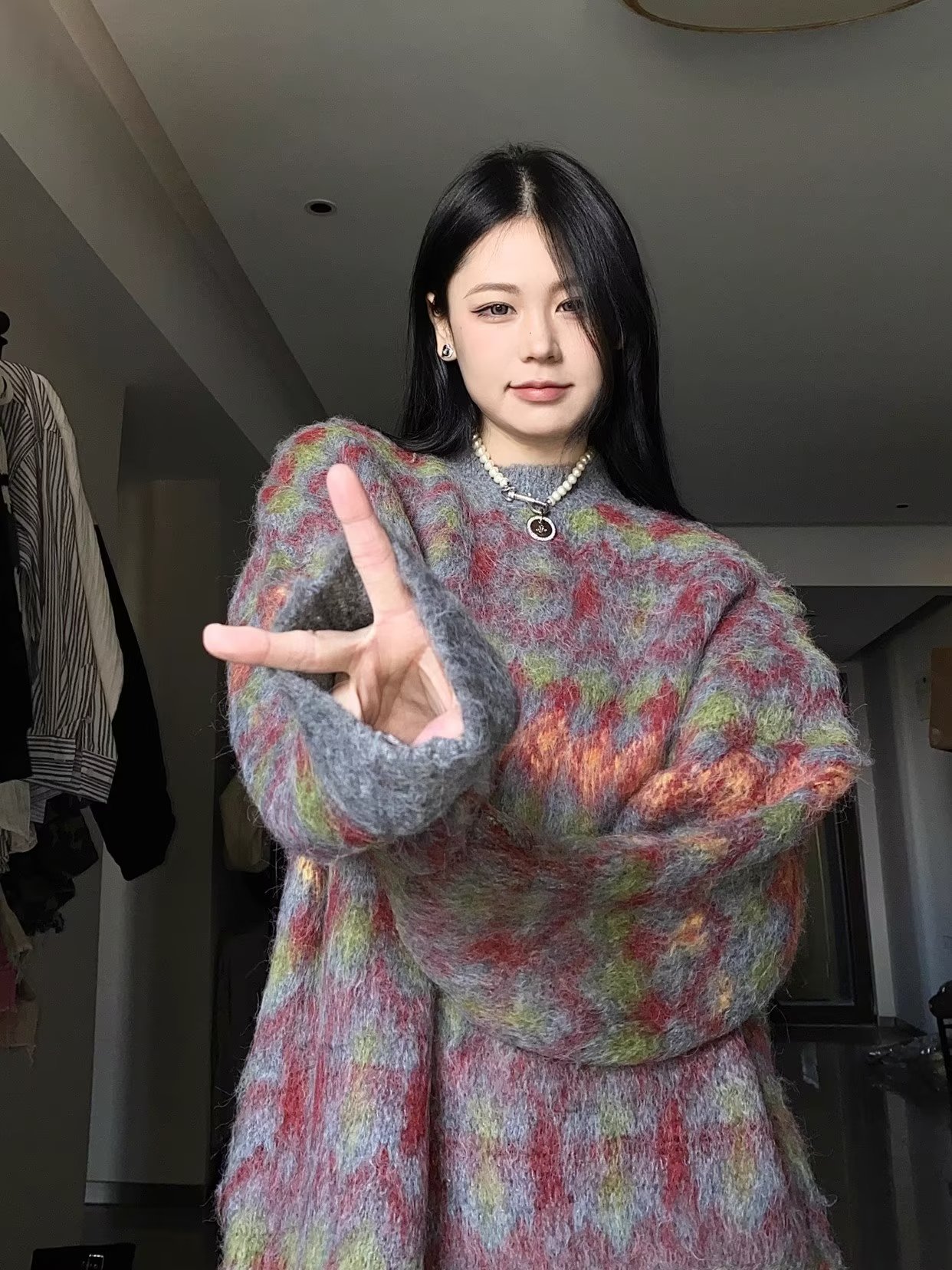 美式復古拼色漸變綠紅色新年毛衣慵懶風氛圍感針織衫男女情侶