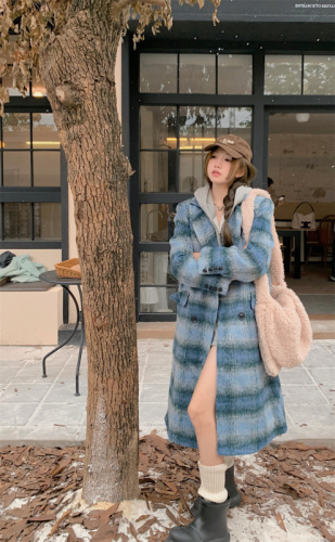实拍！韩版冬季加厚气质毛呢格子风衣外套