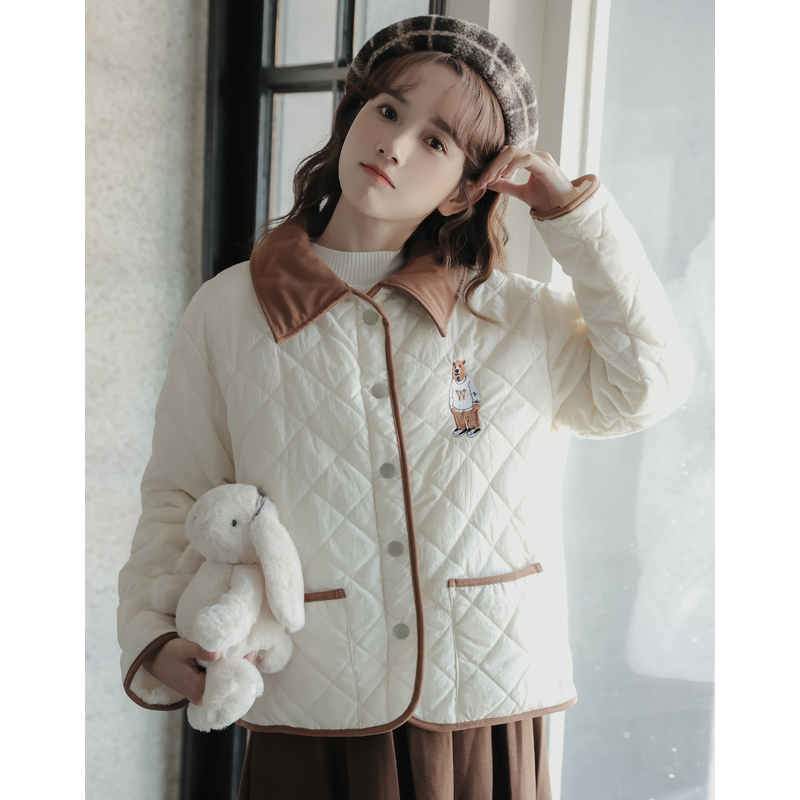 不低於137實拍秋冬甜美日系刺繡加厚短款棉服外套