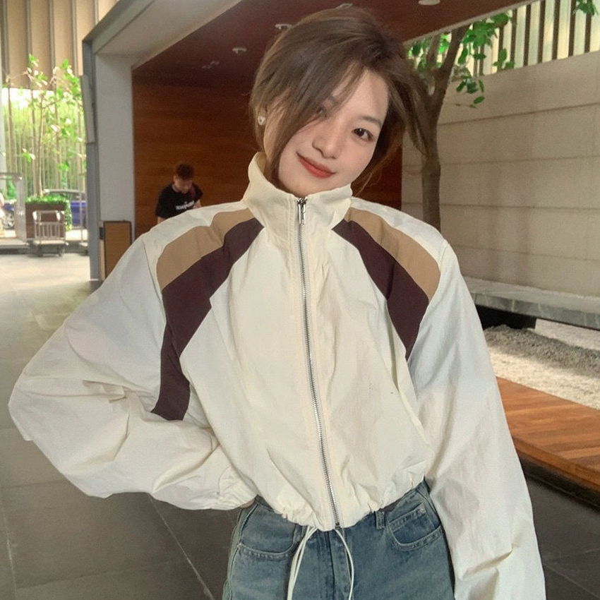 甜酷衝鋒衣春秋美式撞色半高領抽繩女小個子顯高長袖百搭短外套女
