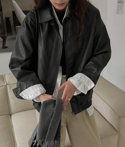 Korean chic autumn and winter retro loose pu leather jacket women's motorcycle jacket
