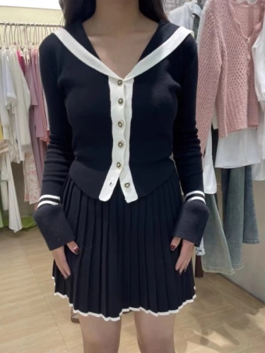 BB韩系定制修身热卖海军风针织收腰套装裙秋女黑/白色两件套装