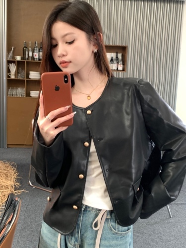 Real shot Autumn loose round neck coat for women 2023 leather jacket small fragrant motorcycle top