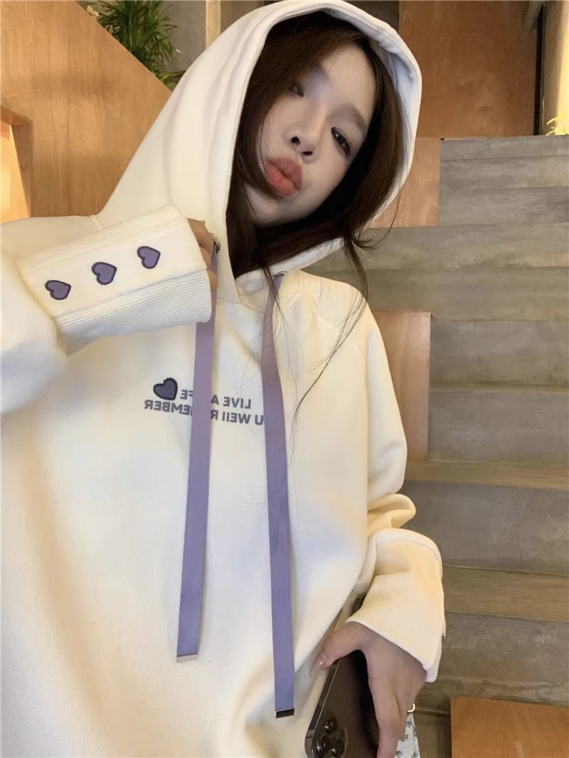 愛心連帽長袖套頭上衣女士2023年寬鬆設計感甜美衛衣動物