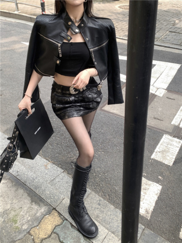 Actual shot ~  new winter hot girl horizontal zipper stand collar shoulder pad PU leather short coat motorcycle jacket leather jacket