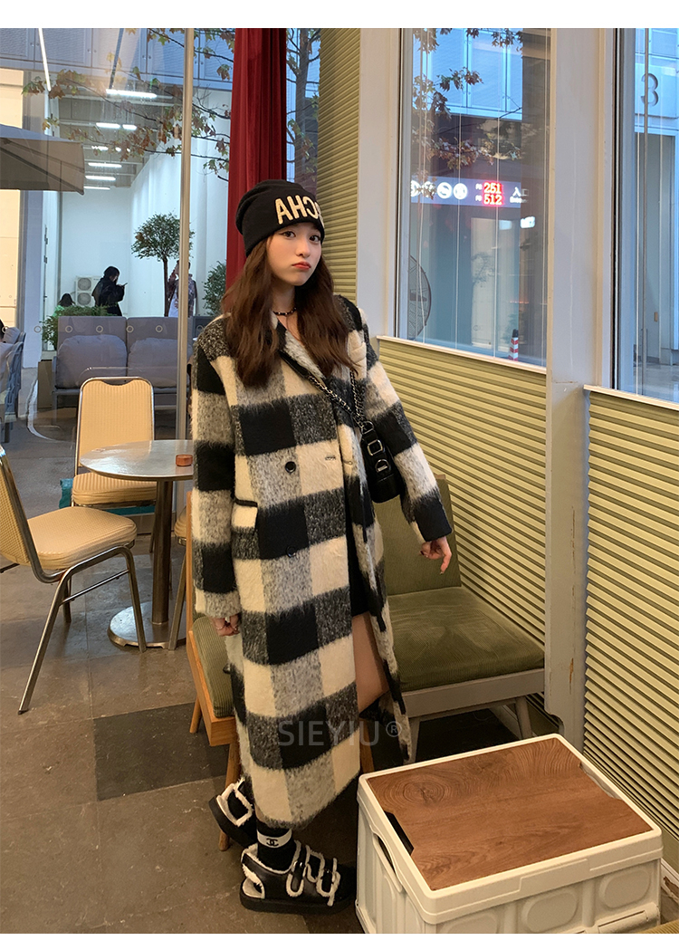 sieyiu重工拼色呢子大衣2023秋冬季韓版復古加厚夾棉格子毛呢外套