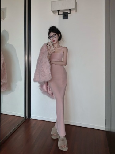 Real shot of retro temperament slim fit inner dress pink eco-friendly fur atmospheric fur coat