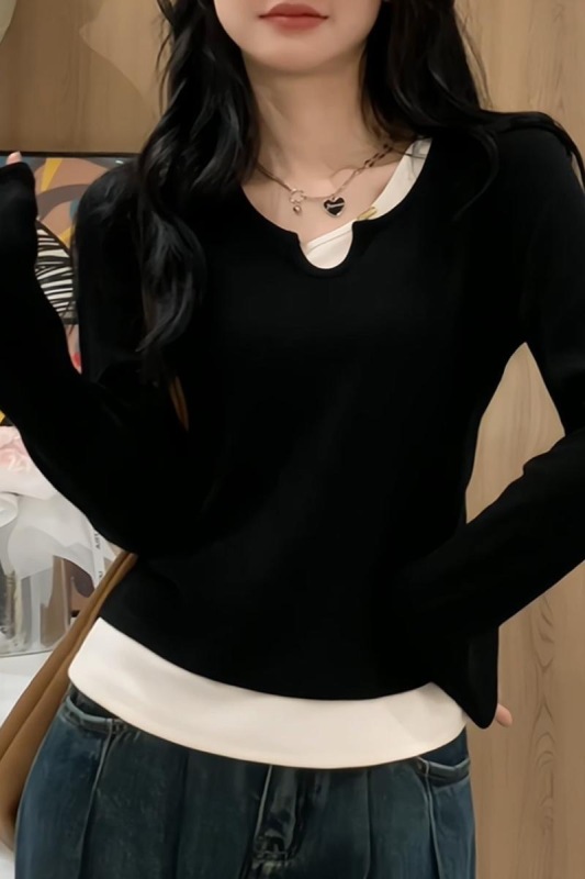 2023新款春秋裝黑色假兩件修身長袖t恤女秋冬季內搭打底衫薄上衣