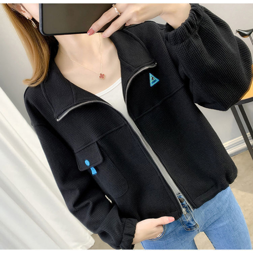 Autumn and winter coat women's polo collar casual loose zipper sweatshirt waffle