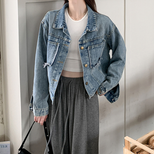 Actual shot ~ New design raw edge denim jacket Korean style loose slim casual top jacket women's trend