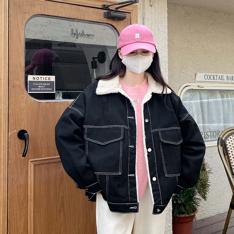 實拍~寬鬆長袖翻領牛仔棉衣外套新款韓版加絨加厚工裝棉服女