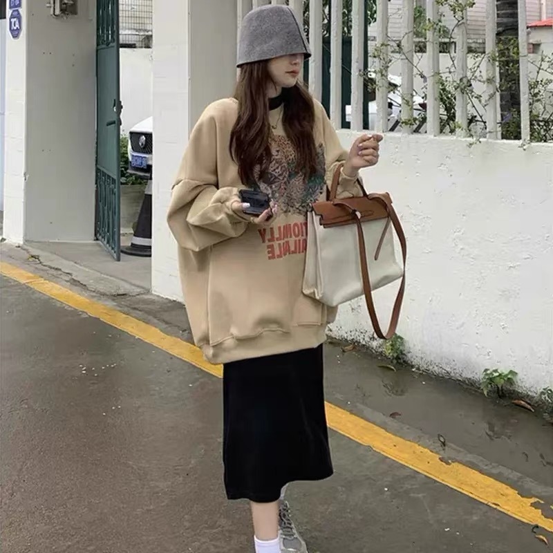 美式復古oversize無帽圓領衛衣秋冬新款ins超火慵懶寬鬆上衣