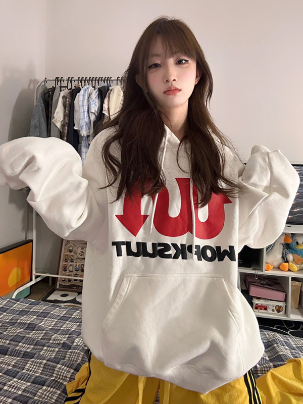 美式街頭連帽衛衣女秋季撞色印花寬鬆長袖oversize情侶上衣外套潮