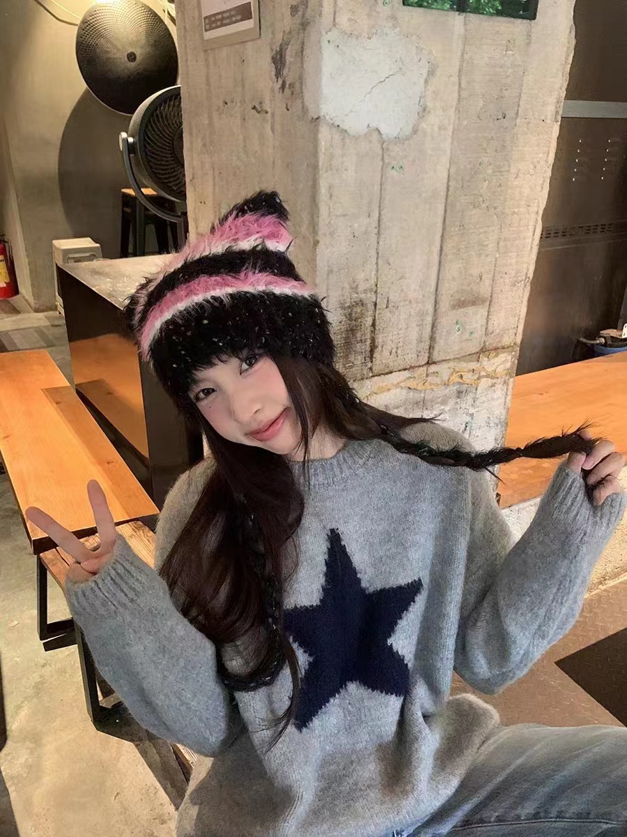 慵懶風五角星圓領套頭毛衣女裝秋冬新款小個子洋氣寬鬆針織衫上衣