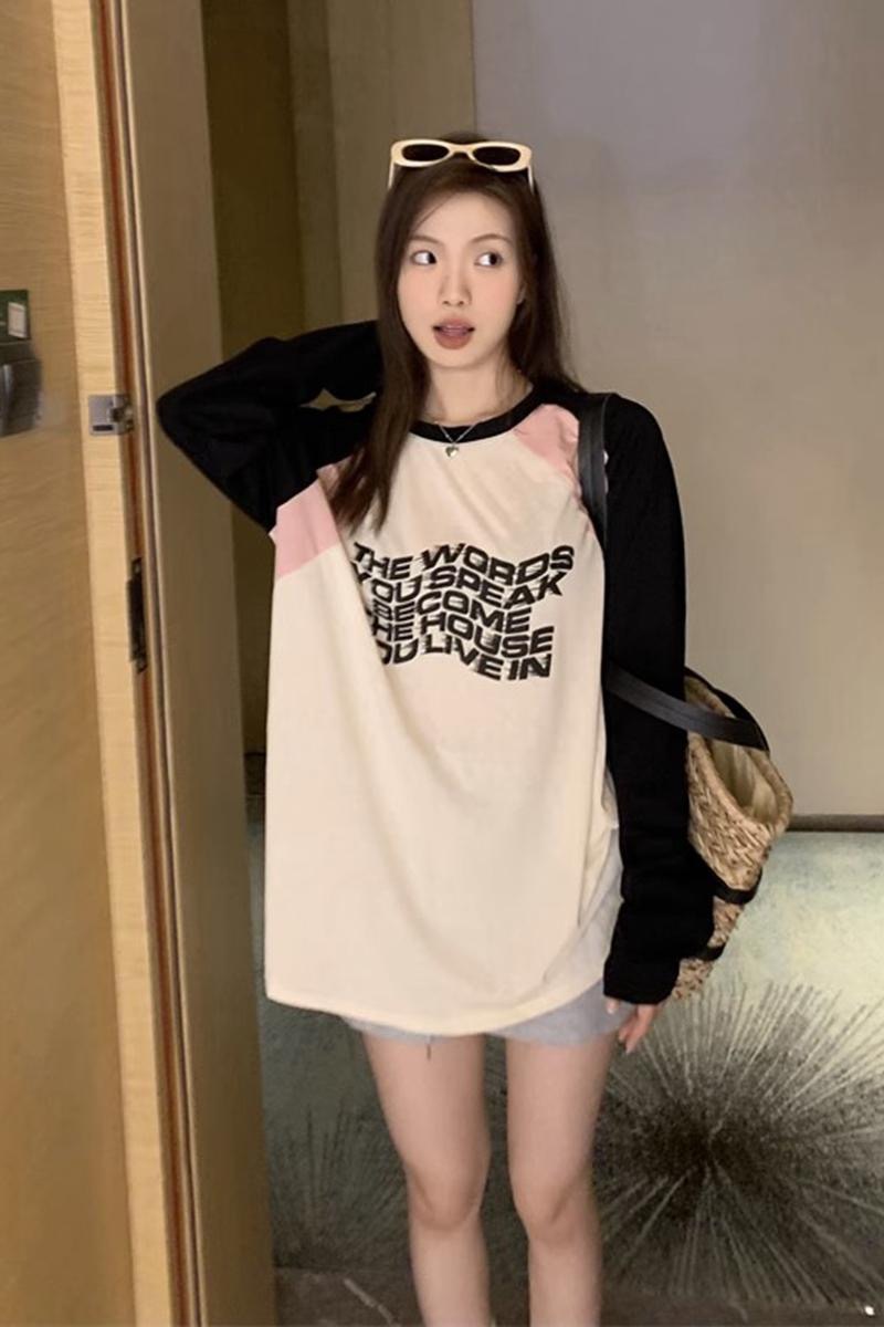 印花撞色圓領長袖T恤中長款寬鬆百搭防曬上衣女