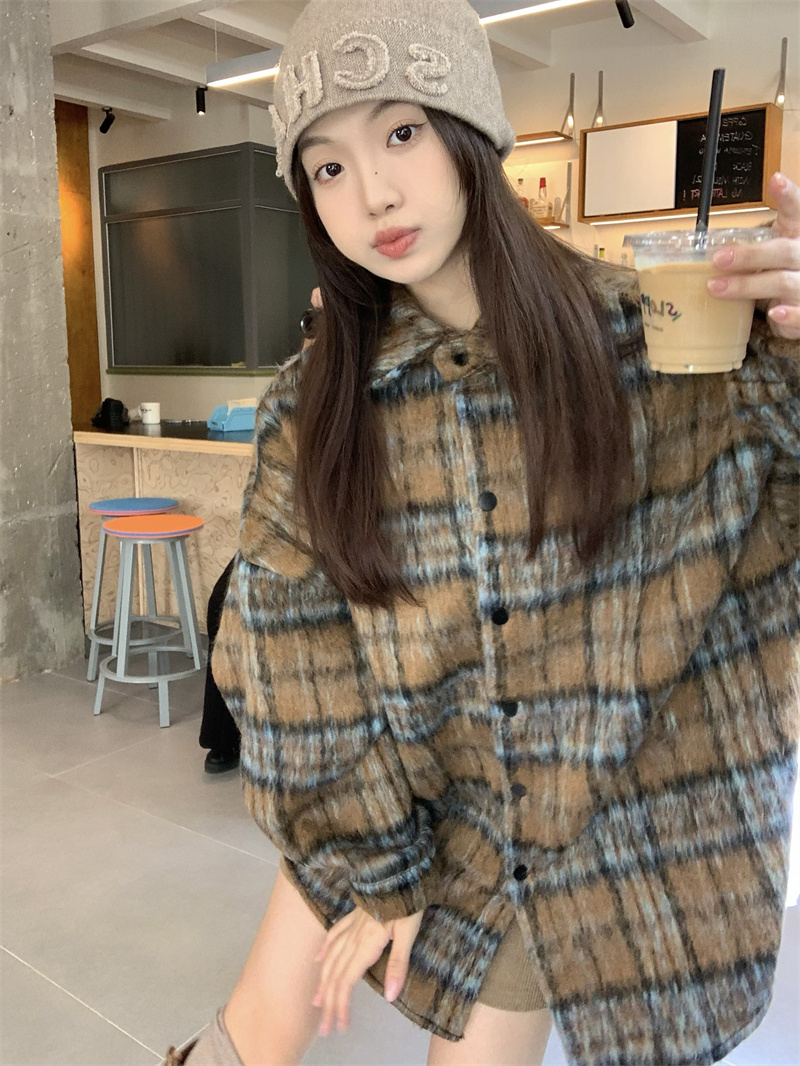 Real shot American retro Maillard plaid woolen plaid coat jacket