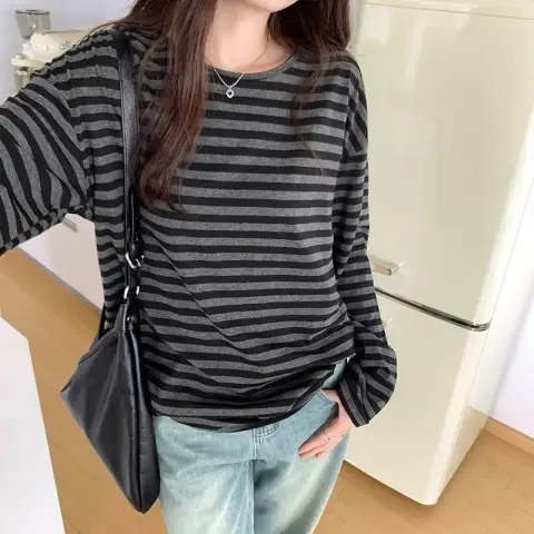 春秋新款織條拉架韓版休閒條紋慵懶風長袖t恤女韓版百搭上衣潮