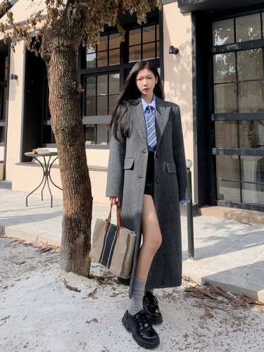 Real shot of autumn and winter Korean chic simple and high-end temperament dark gray woolen suit woolen jacket + shirt and tie