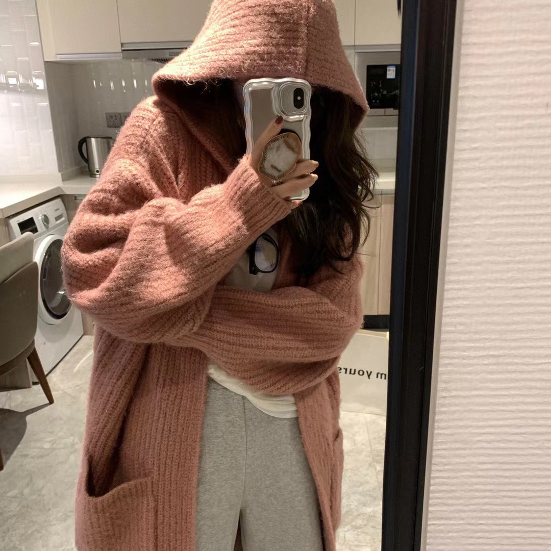 Autumn and winter new large size women's lazy hooded loose thickened mid-length large cardigan coat extra long sweater for women