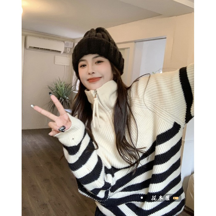 條紋撞色馬海毛毛衣女高級感春秋日系慵懶復古溫柔風軟糯針織外套