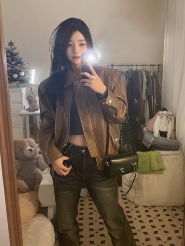Ganeri's new Korean style loose brown retro Hong Kong style street leather jacket women's workwear motorcycle pu jacket
