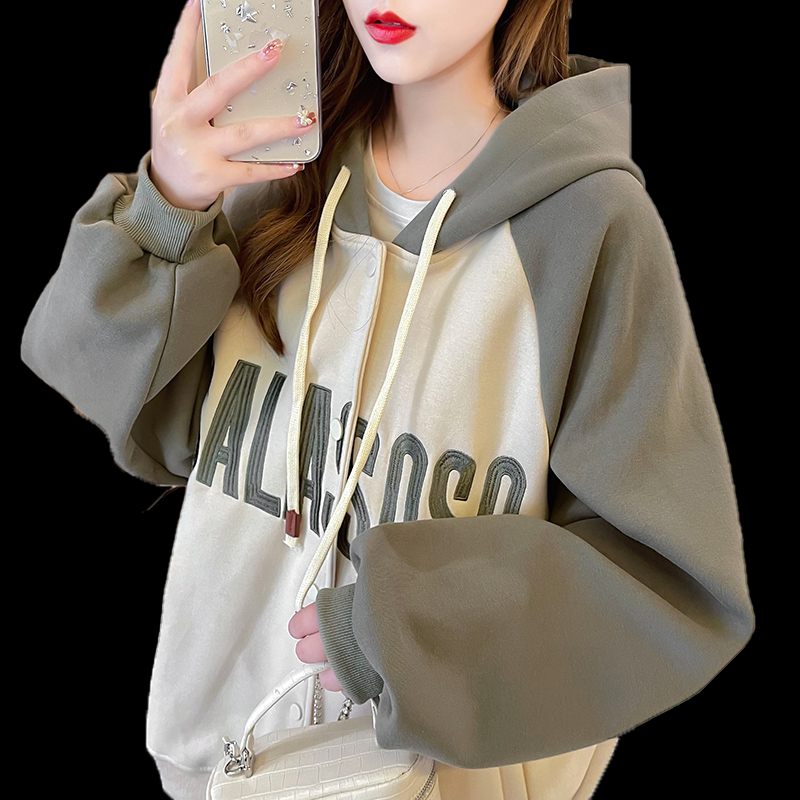 繡花新款韓版休閒百搭撞色拼接字母刺繡連帽棒球服外套女