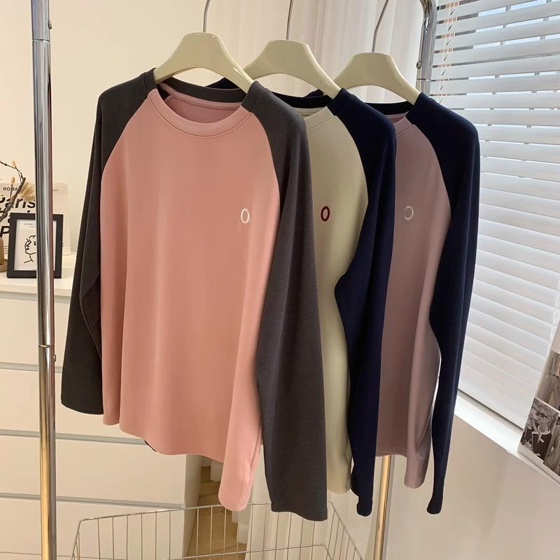 軟糯舒適字母刺繡圓領插肩袖德絨打底衫女寬鬆大版休閒百搭T恤衫