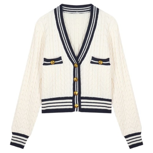 Sweet and Playful V-neck Contrasting Color Small Fragrant Wind Twist Knit Cardigan Looks Tall and Versatile for Women