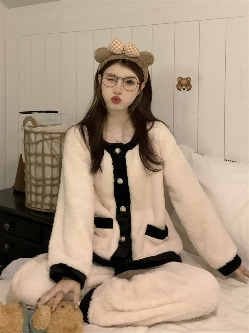 實拍秋冬加絨加厚小香風羊羔絨家居服杏色撞色睡衣套裝