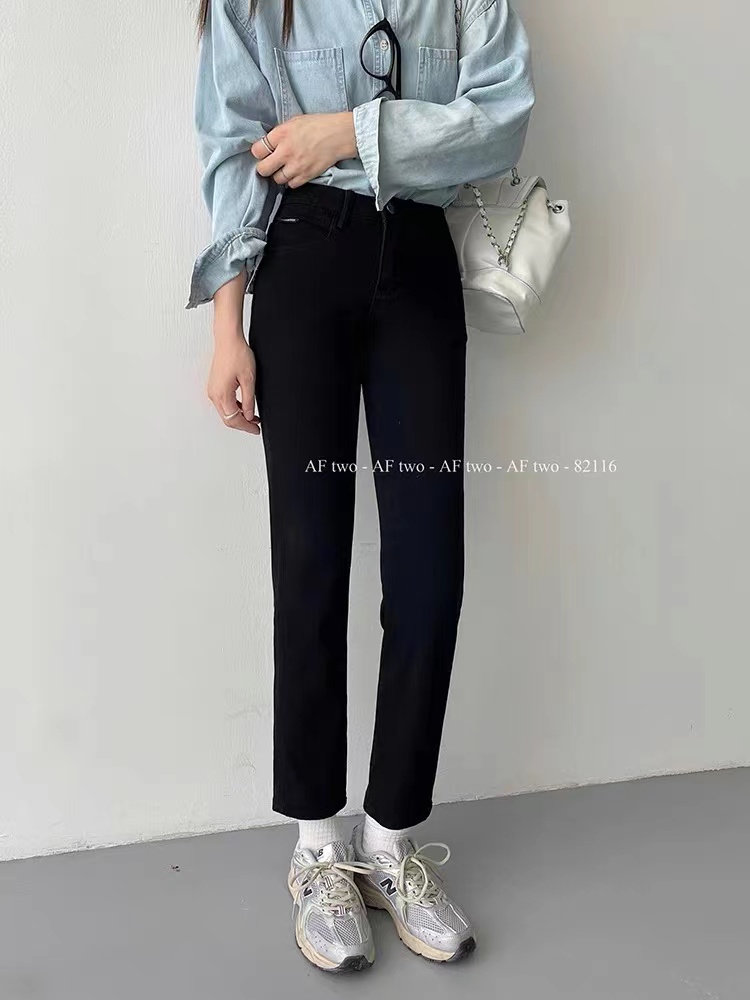 代嘉兒高腰牛仔褲女2023年秋季黑色彈力九分煙管褲82116