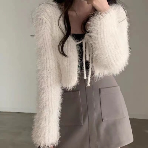 韩版chic系带加厚毛衣外套秋冬洋气小众短款针织衫开衫上衣