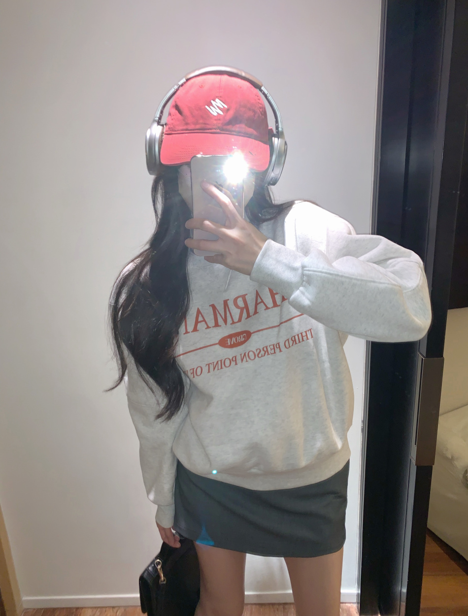 實拍~ 南法少女 寬鬆字母印花加絨短款衛衣baby藍圓領上衣女