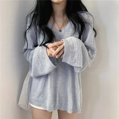 v領針織衫上衣女裝小眾早秋季2023新款寬鬆慵懶風長袖毛衣圈圈紗