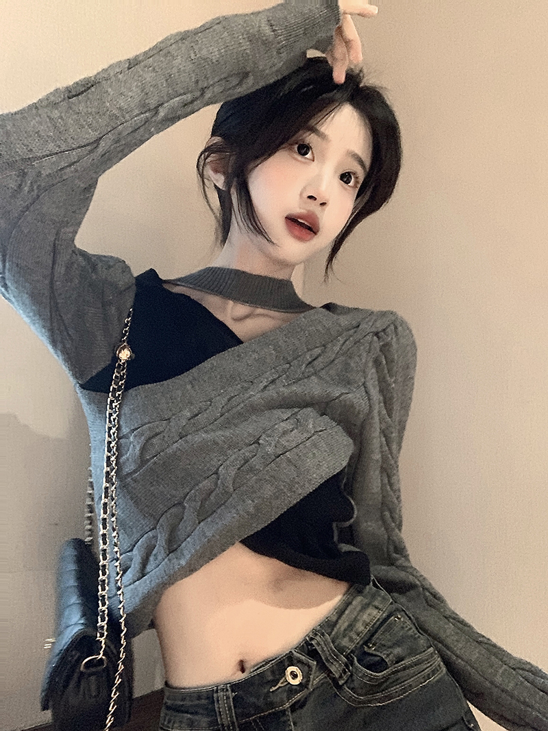 實拍~V領純欲風設計感短款拼色長袖針織衫女毛衣秋冬