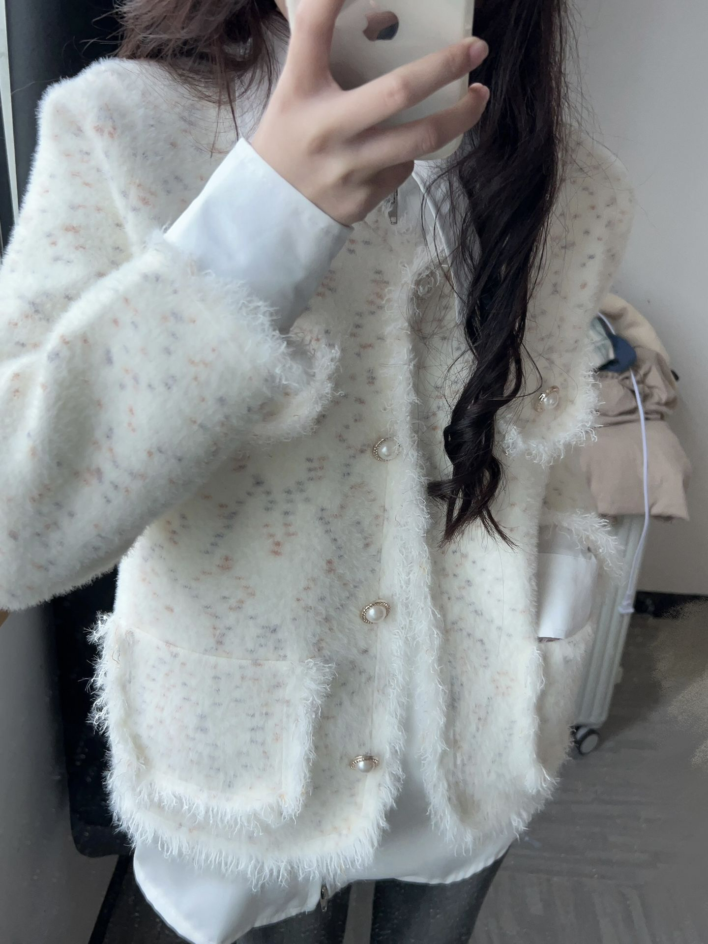 彩色波點軟糯奶fufu甜美開衫毛衣女秋冬款寬鬆學院風v領針織外套