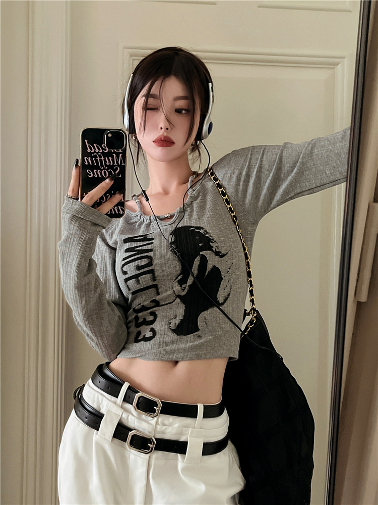 甜辣妹短款上衣女春秋設計感小眾美式獨特别致黑色正肩長袖T恤ins