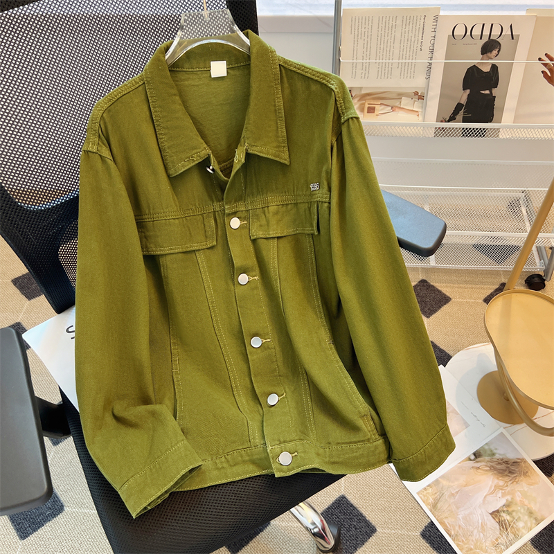 Boyfriend style Polo collar long-sleeved loose green denim jacket for women autumn retro mid-length jacket cardigan top