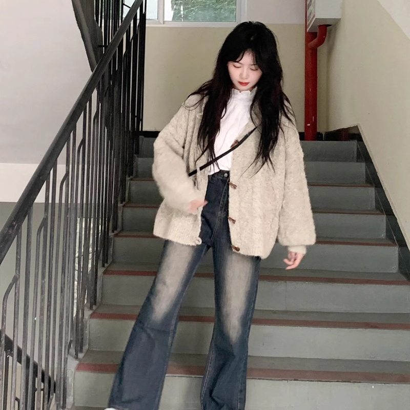 牛角扣連帽毛衣2023新款日系復古慵懶風小個子針織開衫外套女春秋