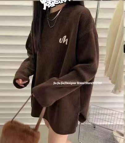 歐貨2023秋冬寬鬆加厚字母刺繡雪尼爾坑條長袖T恤女中長款上衣女