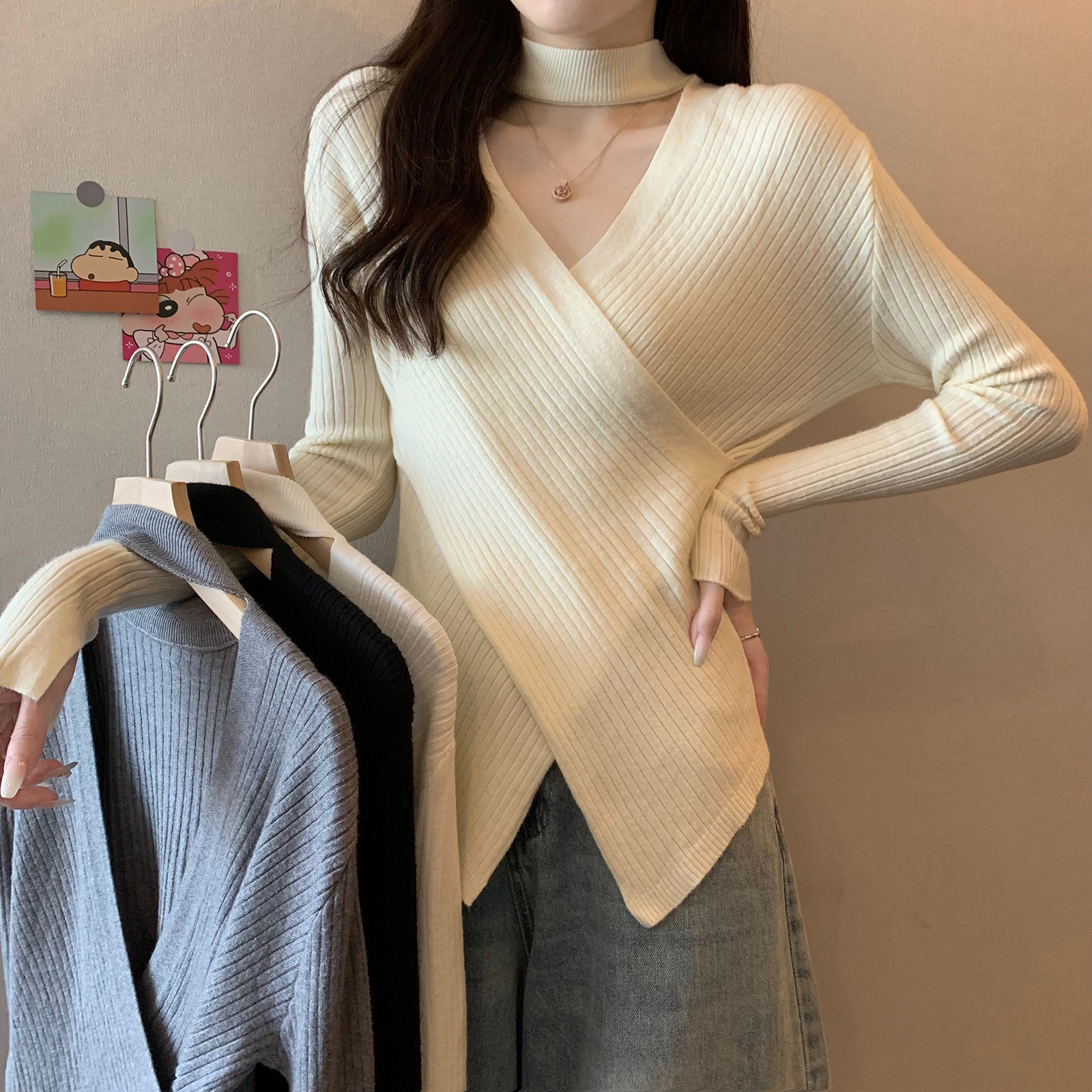 實拍包芯紗長袖上衣針織衫女款V領純色打底衫2023女秋冬保暖毛衣