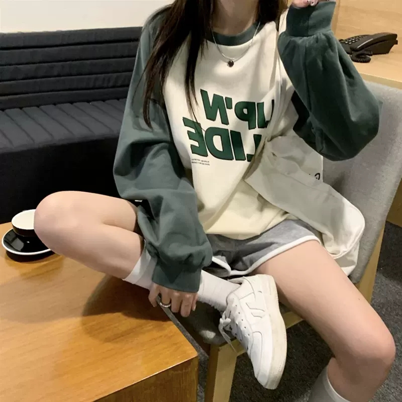 撞色圓領長袖套頭衛衣女春秋季韓版寬鬆bf慵懶風百搭無帽字母上衣