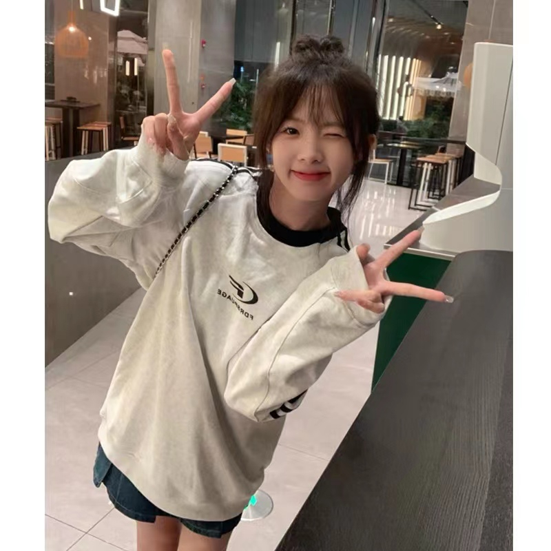 加絨美式復古三槓條紋運動衛衣女新款設計感小眾寬鬆長袖情侶潮
