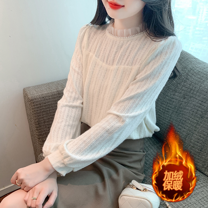 實拍有視頻2023秋冬新款加絨保暖打底小衫顯瘦長袖蕾絲衫女