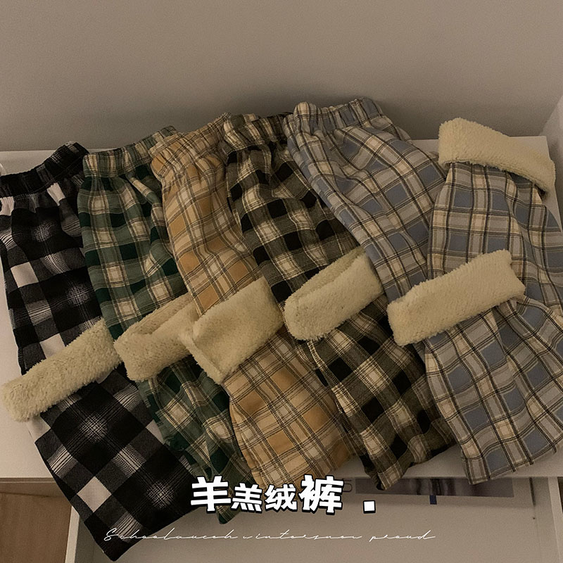 實拍 秋冬加絨加厚羊羔絨格子闊腿褲直筒褲休閒顯瘦長褲